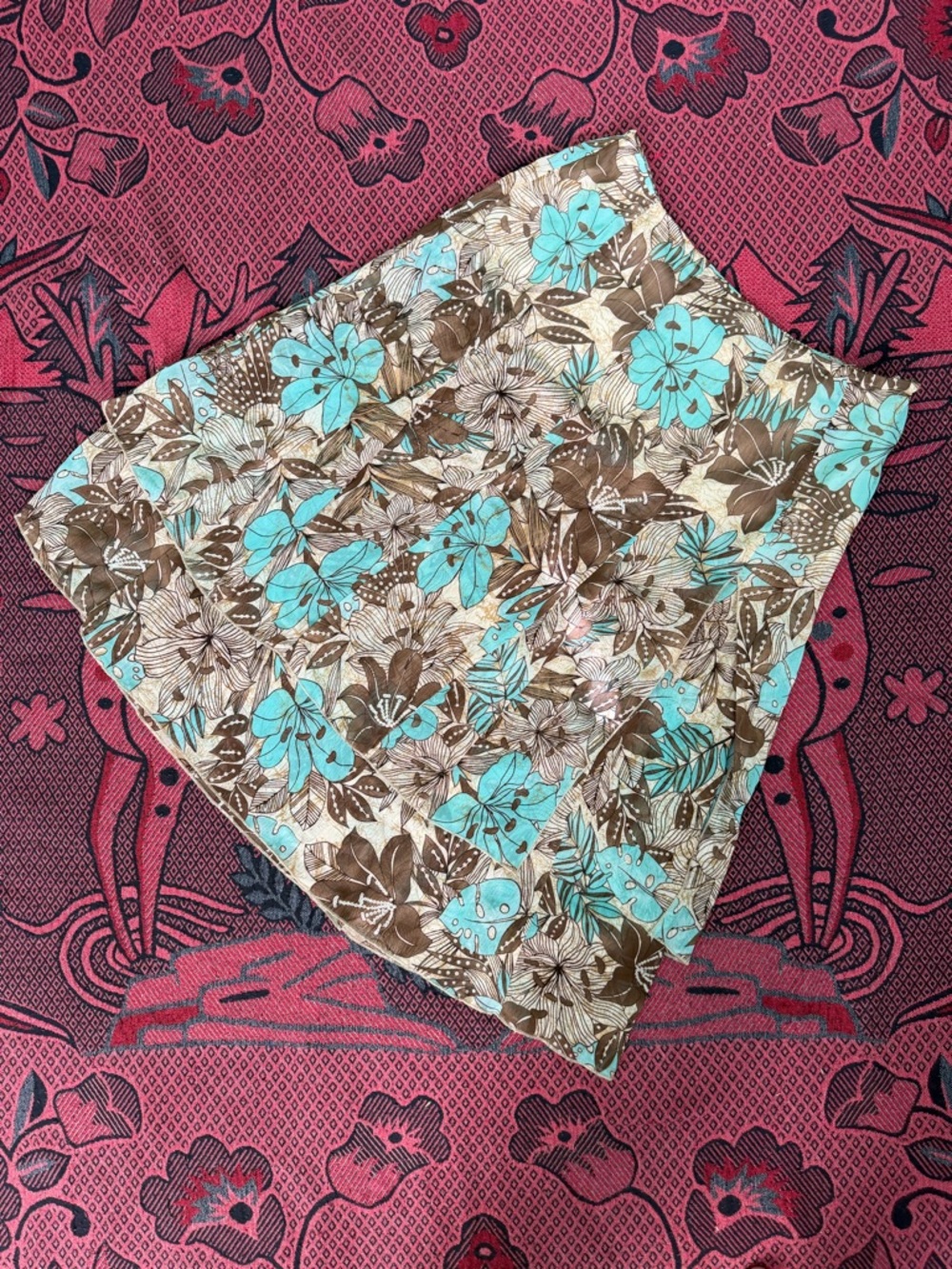 Floral A-Line Skirt in Turquoise and Brown